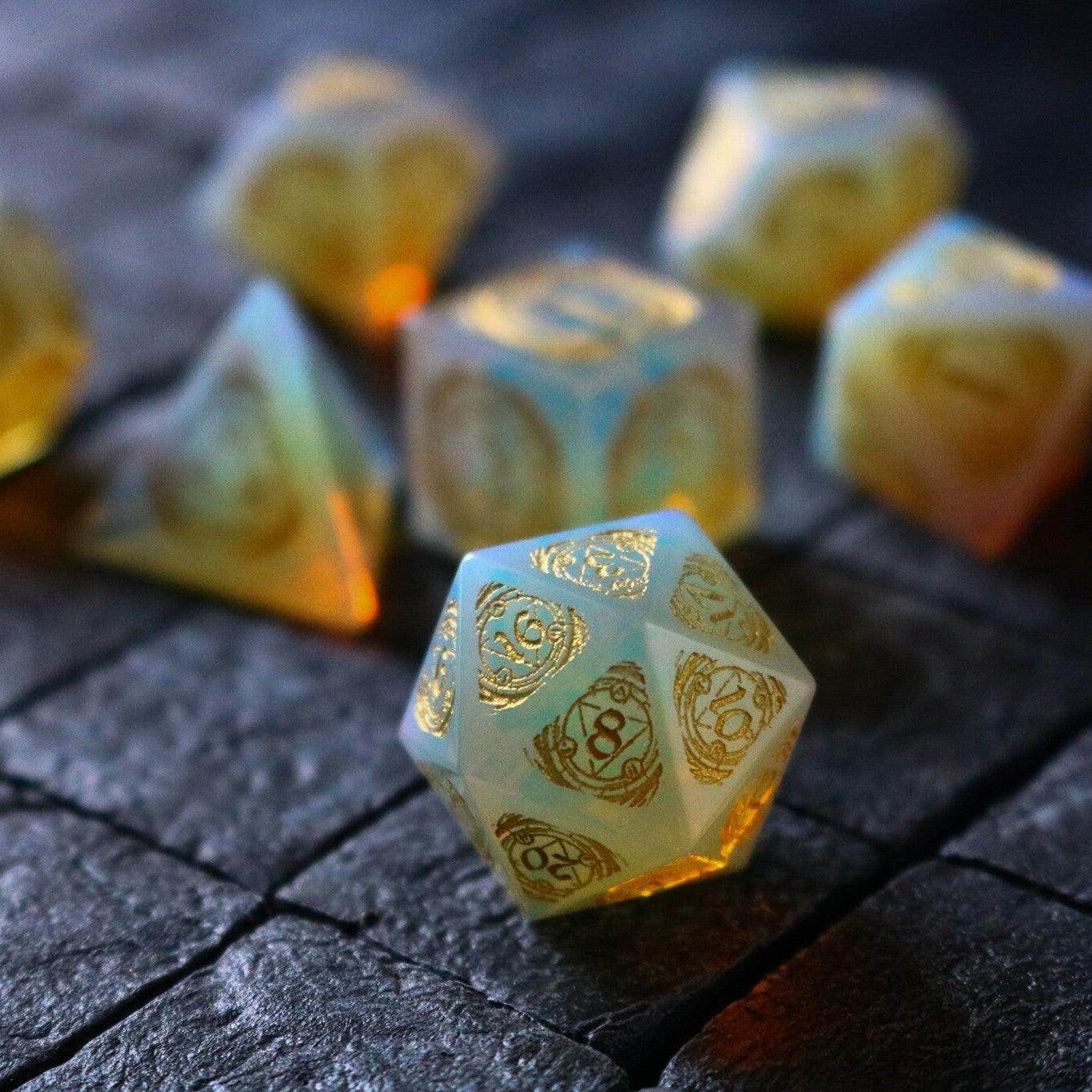 Mage Fury Gemstone Opalite Hand Carved DND Dice Set - Full Set And Free Dice Box