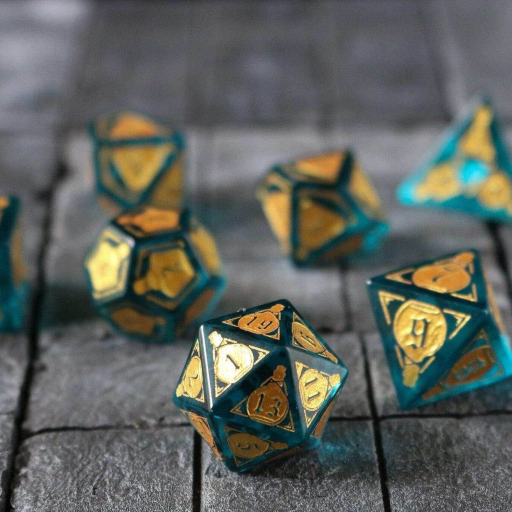 Mana Potion Blue Zircon Glass DND Dice Set - Full Set And Free Dice Box