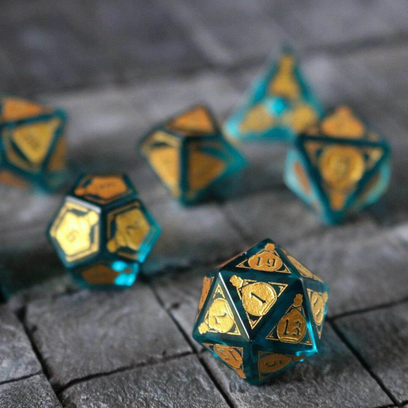 Mana Potion Blue Zircon Glass DND Dice Set - Full Set And Free Dice Box