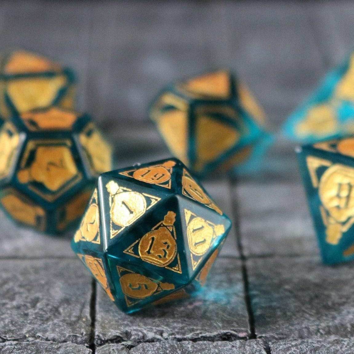Mana Potion Blue Zircon Glass DND Dice Set - Full Set And Free Dice Box