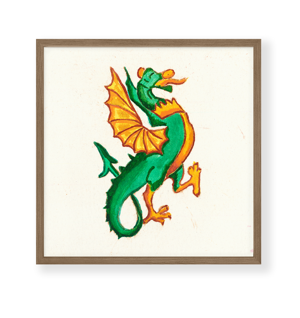 Green and Gold Dragon Wall Art Print - 8x8" Size