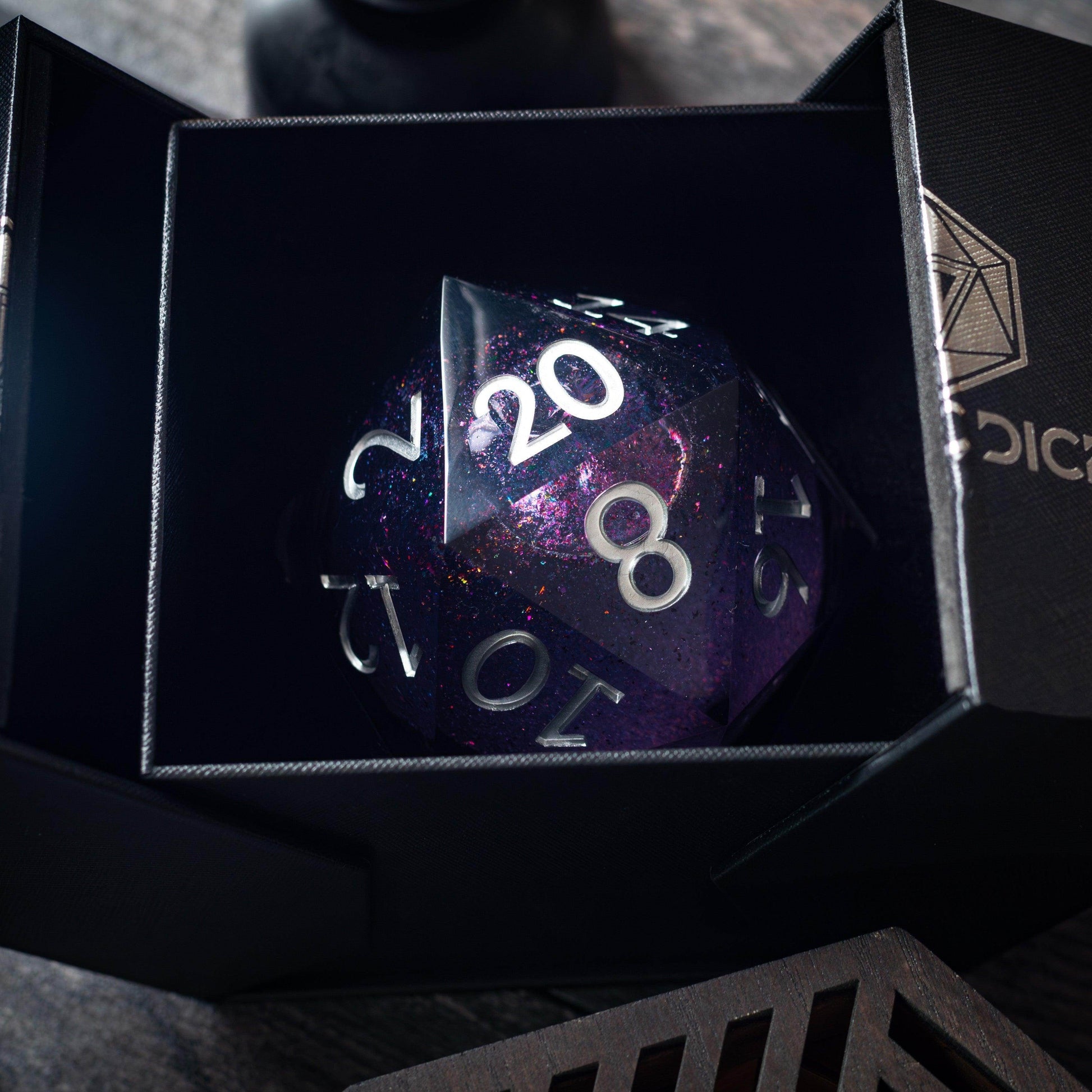 Massive Black Rainbow Glitter Liquid Core 95MM Chonk Handmade Resin Dice And Box - Only 1 D20