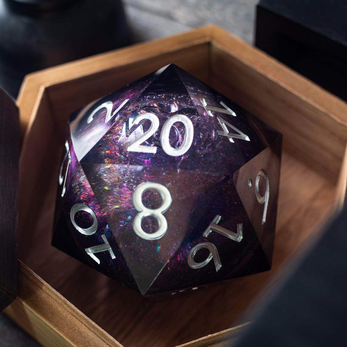 Massive Black Rainbow Glitter Liquid Core 95MM Chonk Handmade Resin Dice And Box - Only 1 D20