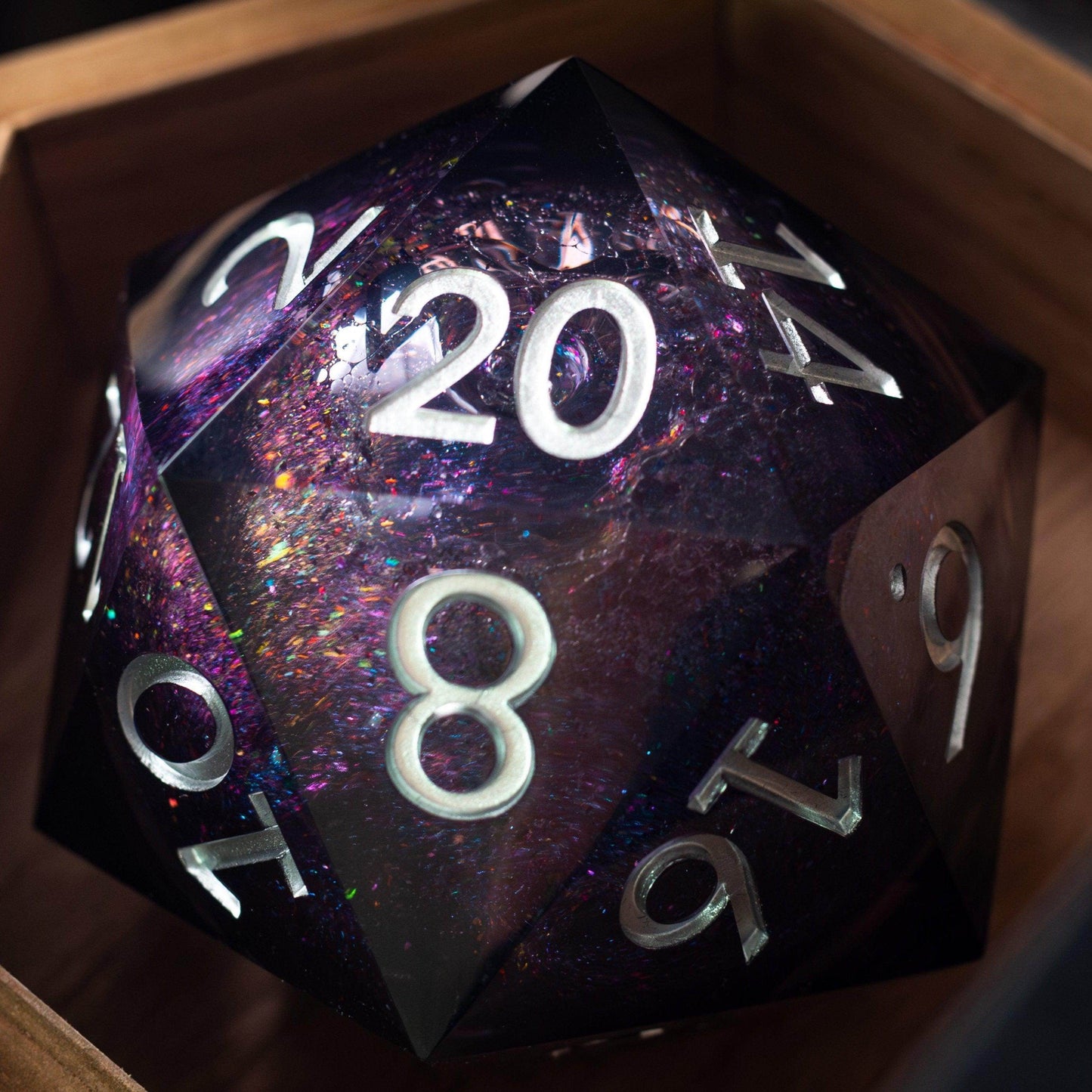 Massive Black Rainbow Glitter Liquid Core 95MM Chonk Handmade Resin Dice And Box - Only 1 D20