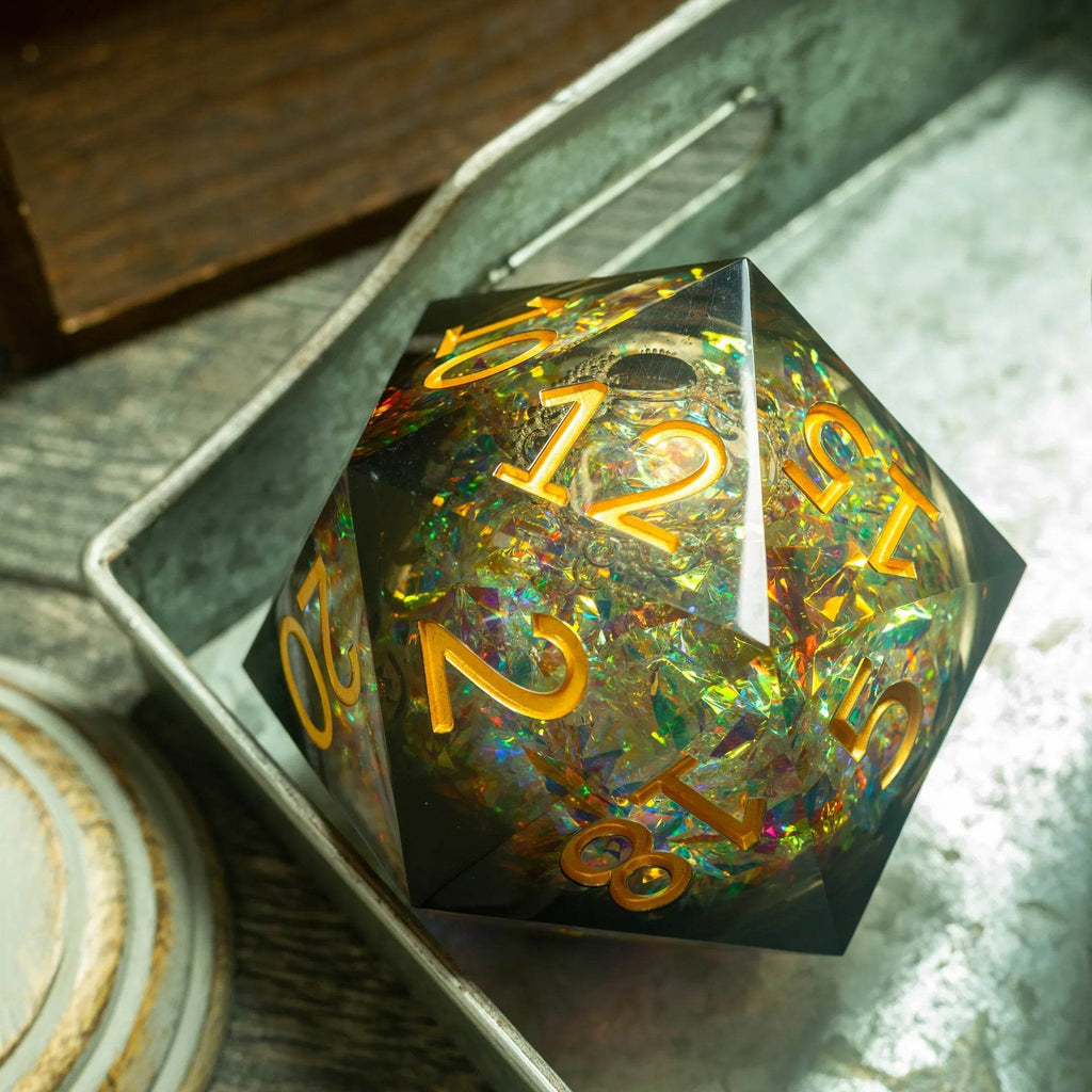 Massive Dark Black And Foil Liquid Core 95MM Chonk Handmade Resin Dice And Box - Only 1 D20
