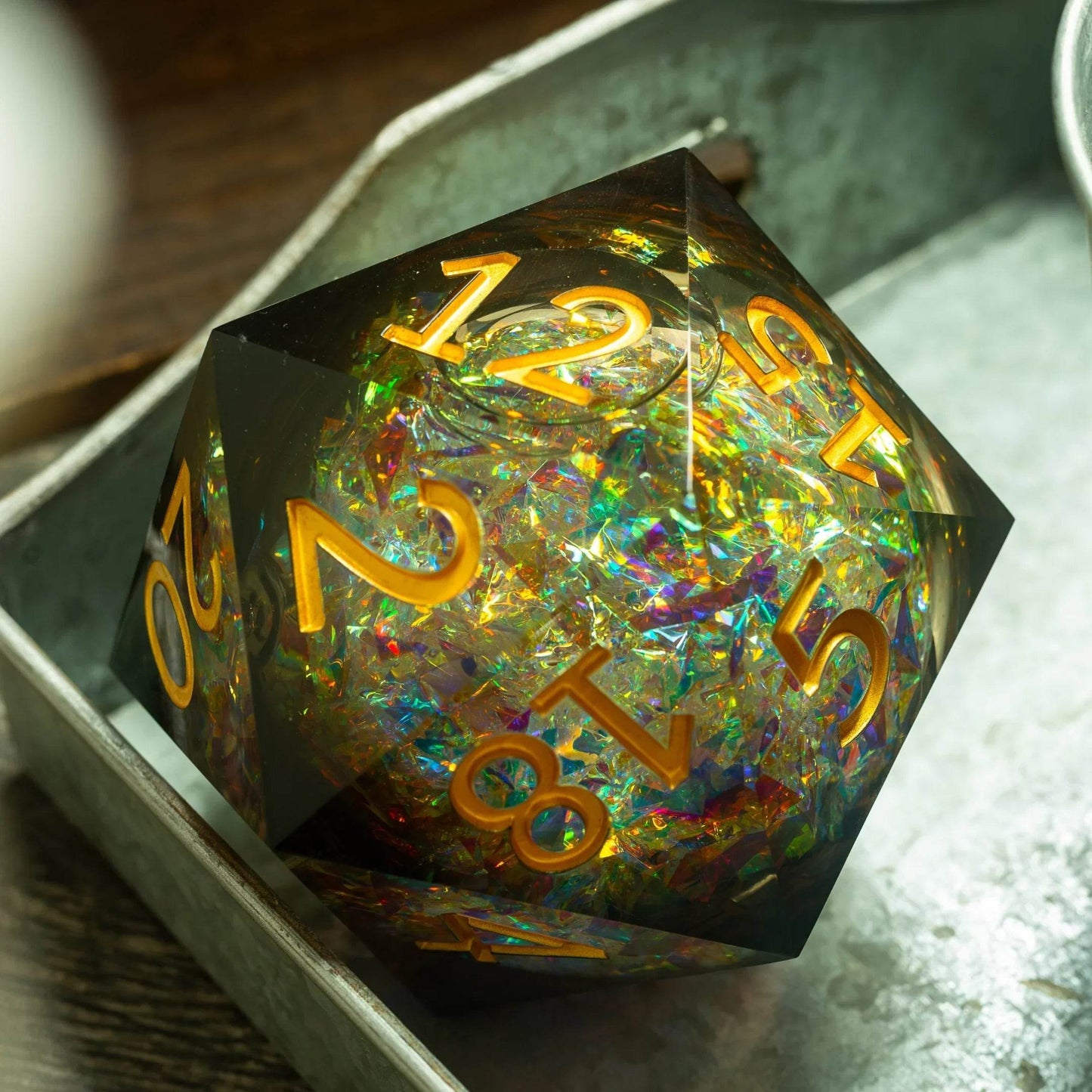 Massive Dark Black And Foil Liquid Core 95MM Chonk Handmade Resin Dice And Box - Only 1 D20