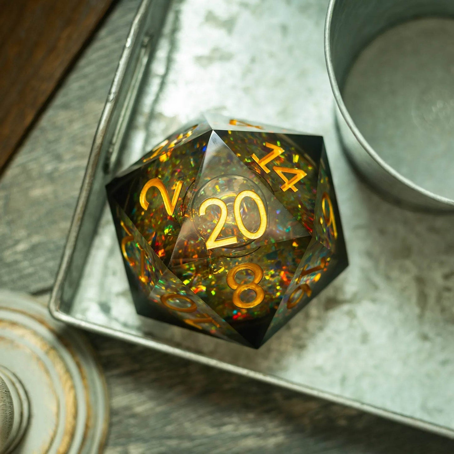 Massive Dark Black And Foil Liquid Core 95MM Chonk Handmade Resin Dice And Box - Only 1 D20