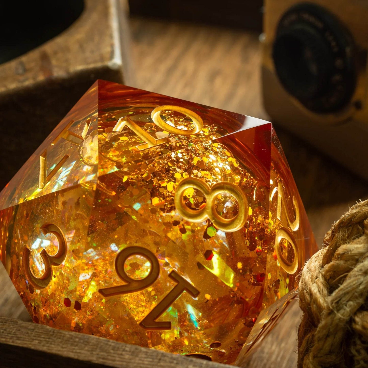 Massive Gold And Glitter Fireball Liquid Core 95MM Chonk Handmade Resin Dice And Box - Only 1 D20
