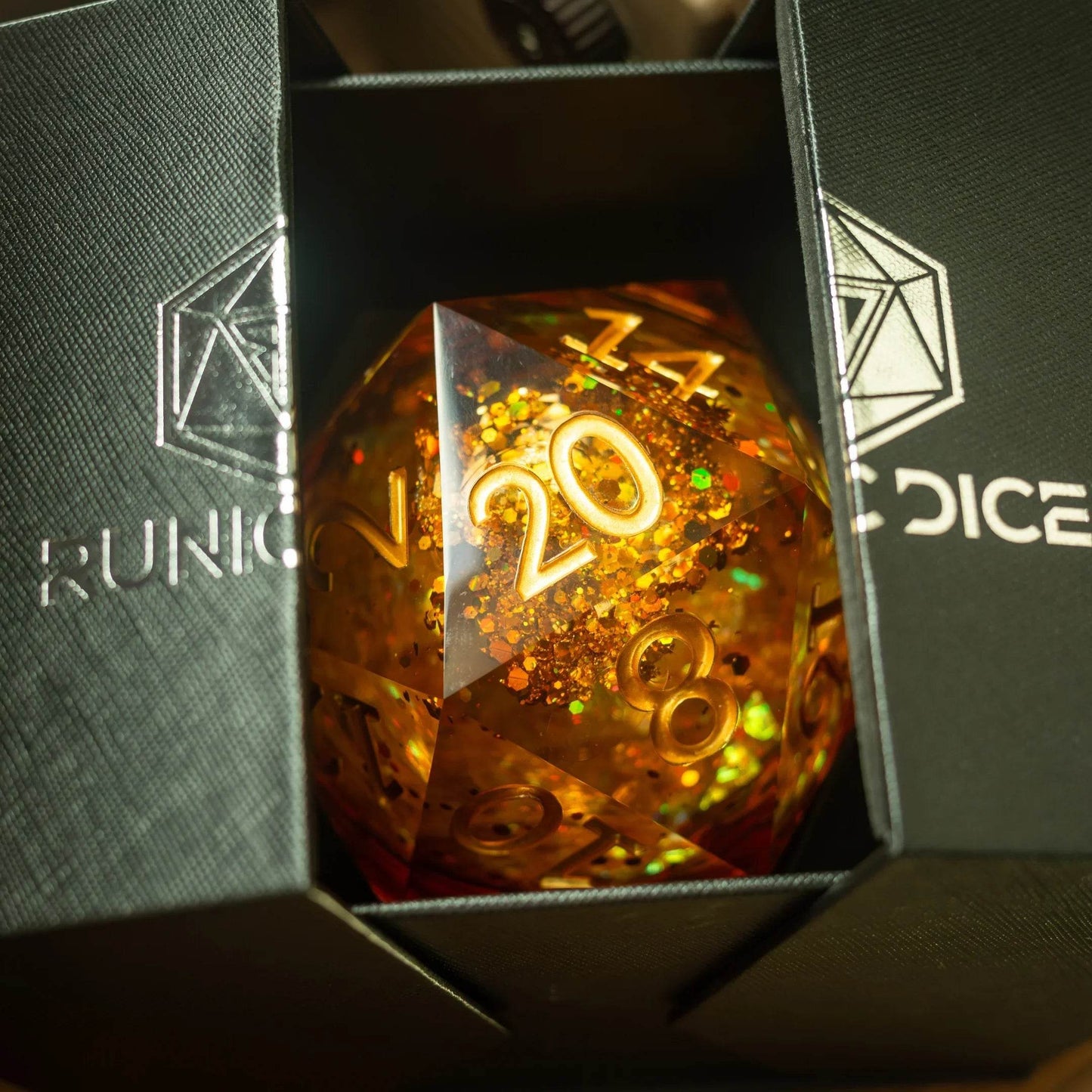 Massive Gold And Glitter Fireball Liquid Core 95MM Chonk Handmade Resin Dice And Box - Only 1 D20