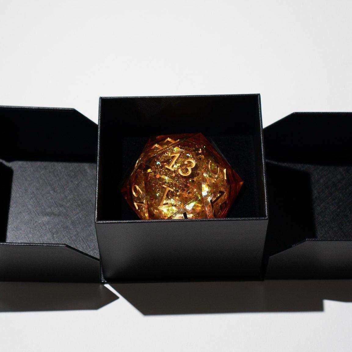 Massive Gold And Glitter Fireball Liquid Core 95MM Chonk Handmade Resin Dice And Box - Only 1 D20