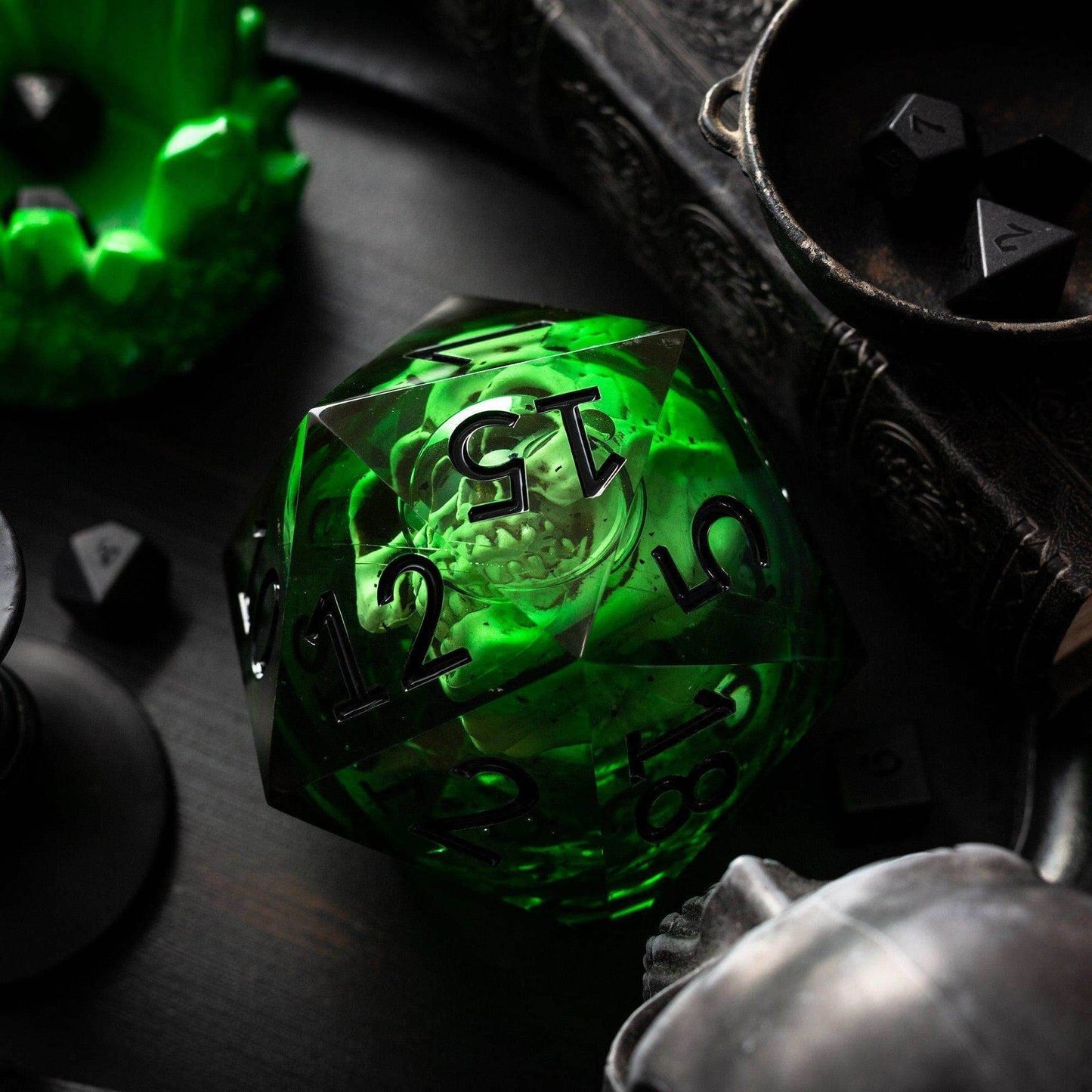 Massive Green Skull Liquid Core 95MM Chonk Handmade Resin Dice And Box - Only 1 D20