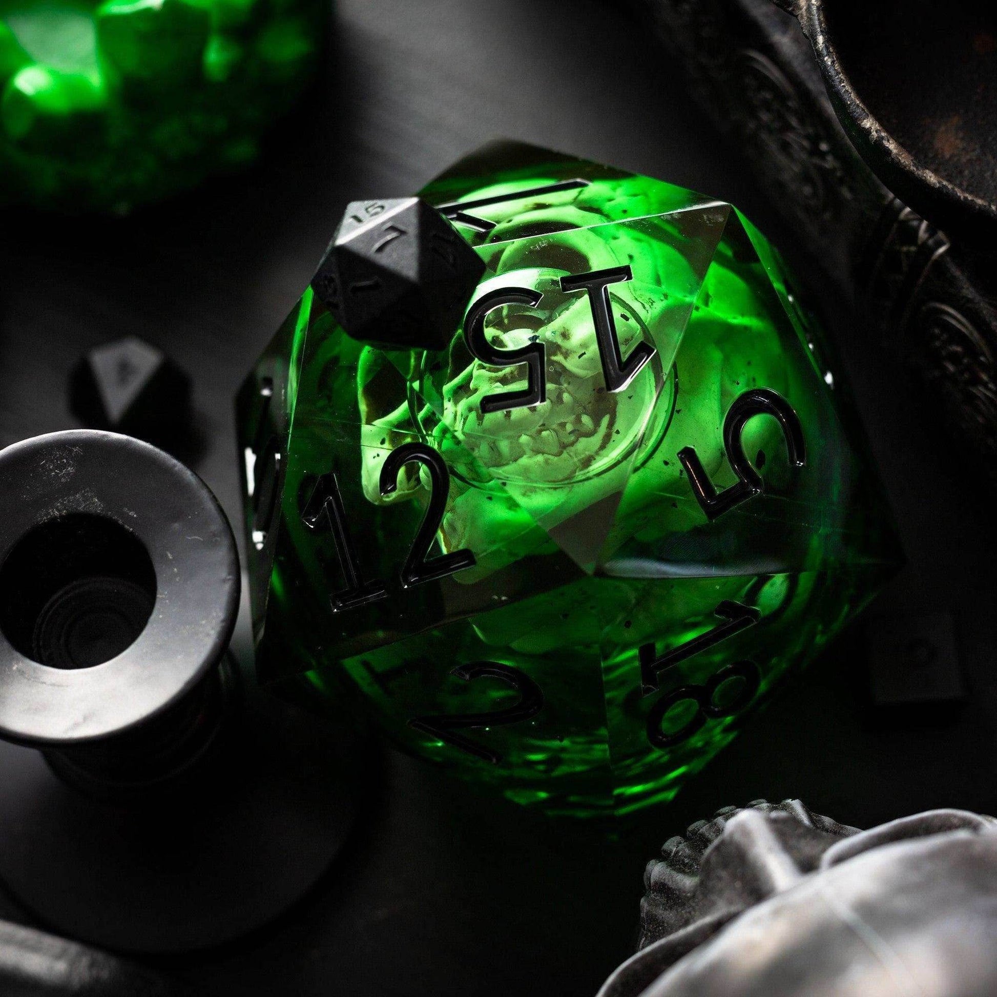 Massive Green Skull Liquid Core 95MM Chonk Handmade Resin Dice And Box - Only 1 D20