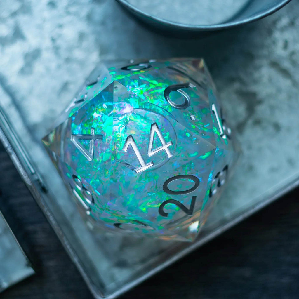 Massive Silver And Foil Liquid Core 95MM Chonk Handmade Resin Dice And Box - Only 1 D20