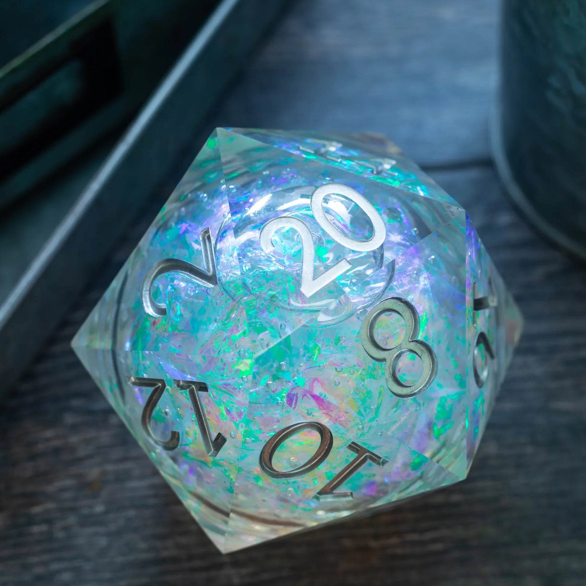 Massive Silver And Foil Liquid Core 95MM Chonk Handmade Resin Dice And Box - Only 1 D20