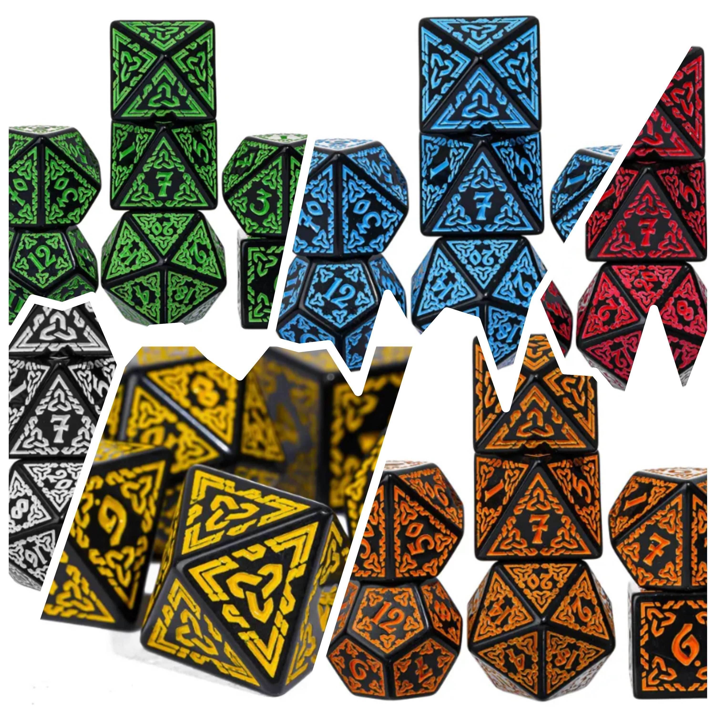Celtic Knot Dice 7-Dice Set DND RPG Dice Druidic | White, Red, Orange, Yellow. Green, Blue - White
