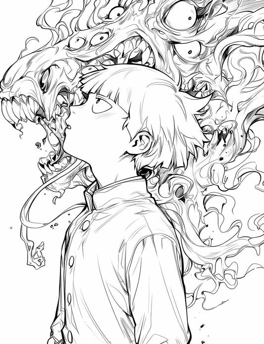 Mob Psycho 100 Coloring Page - Facing the Abyss Spirit Monster Art
