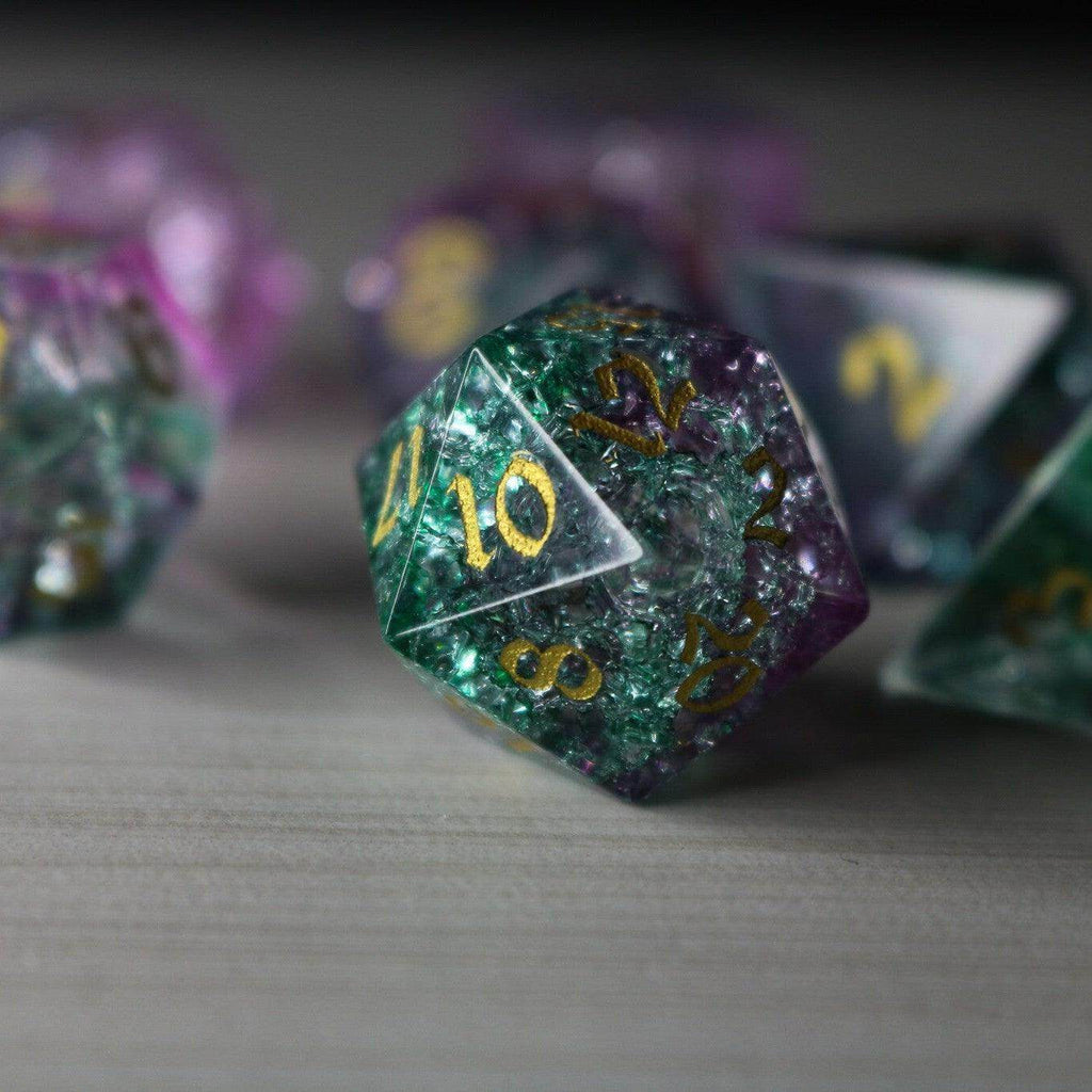 Moon Gate Purple Forge Fire Glass DND Dice Set - Full Set And Free Dice Box