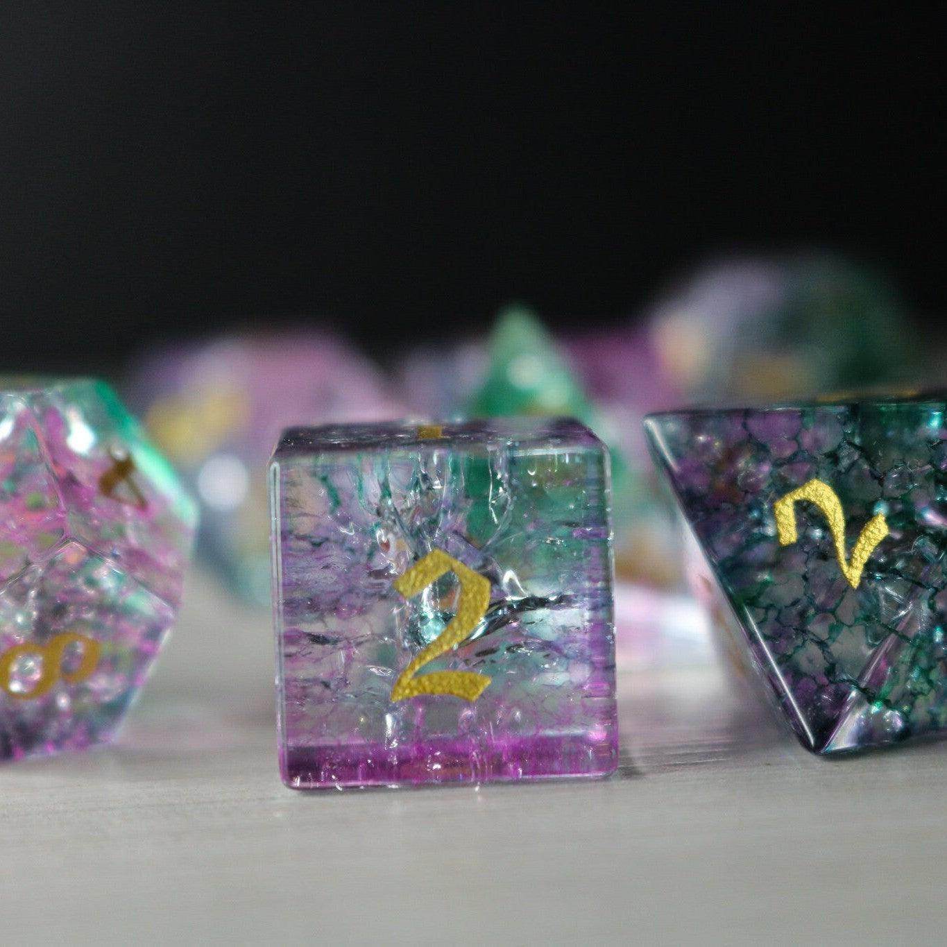 Moon Gate Purple Forge Fire Glass DND Dice Set - Full Set And Free Dice Box