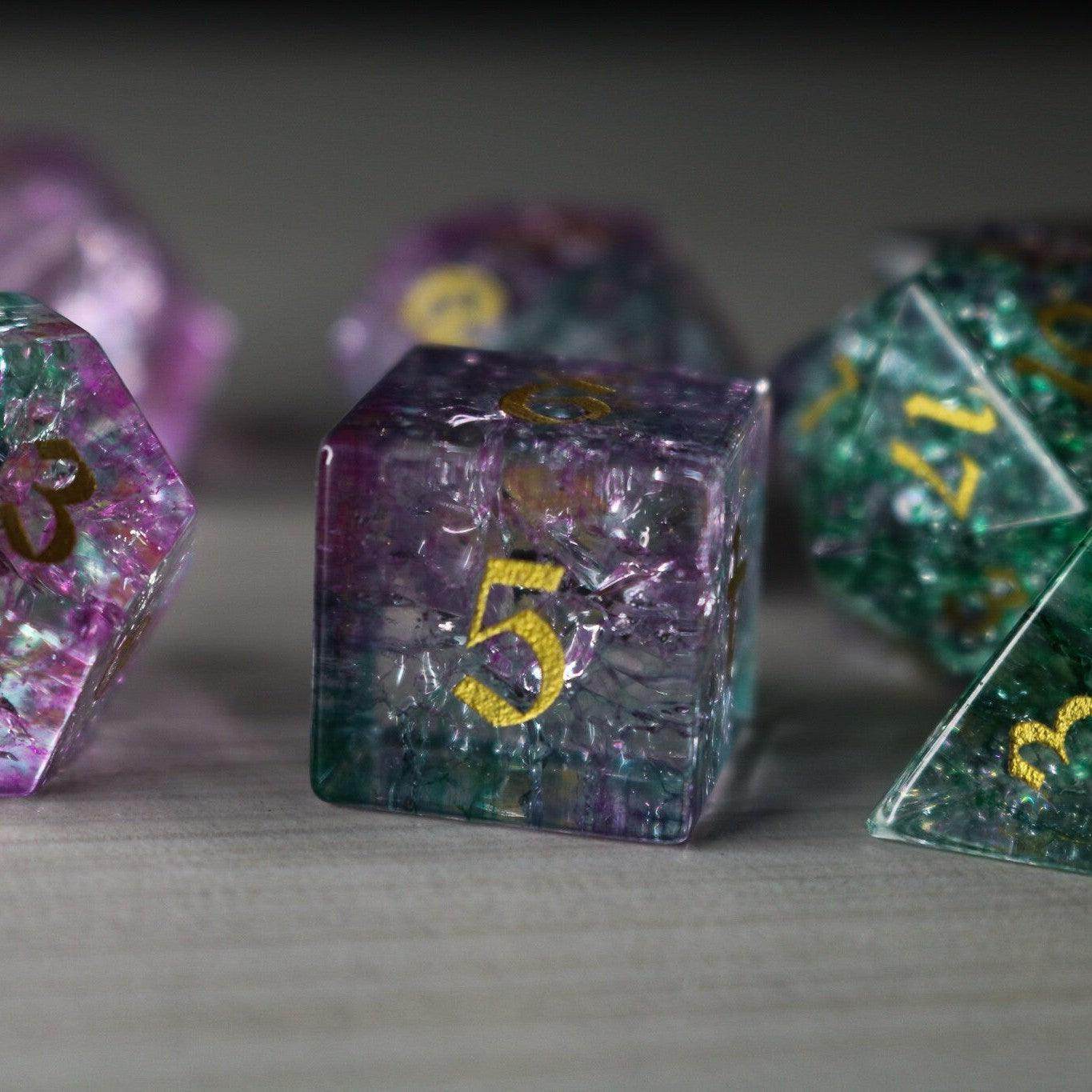 Moon Gate Purple Forge Fire Glass DND Dice Set - Full Set And Free Dice Box