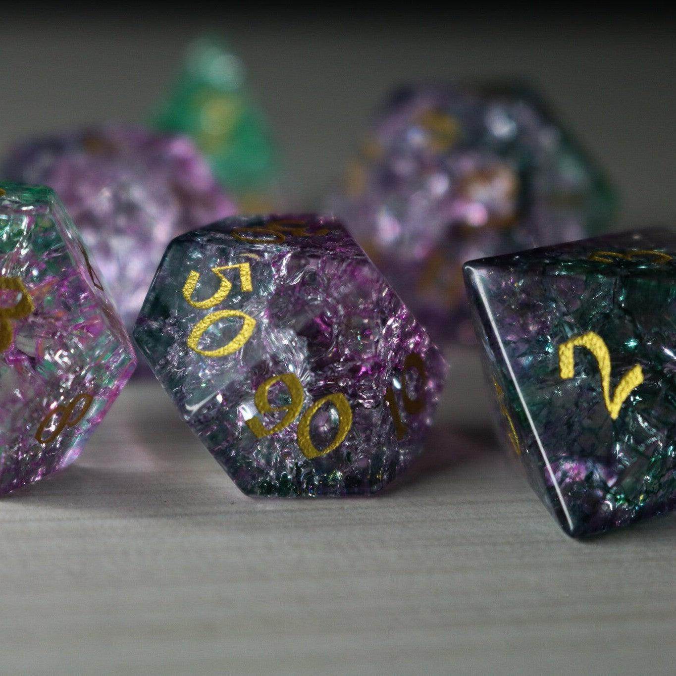 Moon Gate Purple Forge Fire Glass DND Dice Set - Full Set And Free Dice Box
