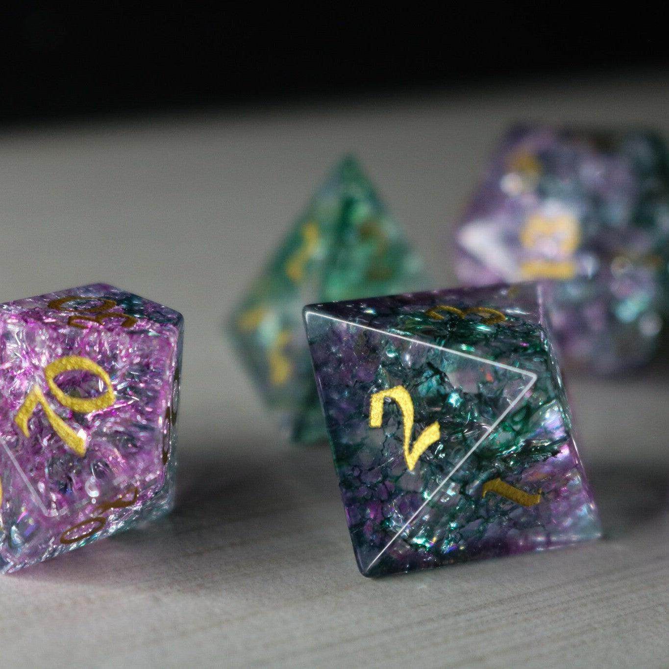 Moon Gate Purple Forge Fire Glass DND Dice Set - Full Set And Free Dice Box
