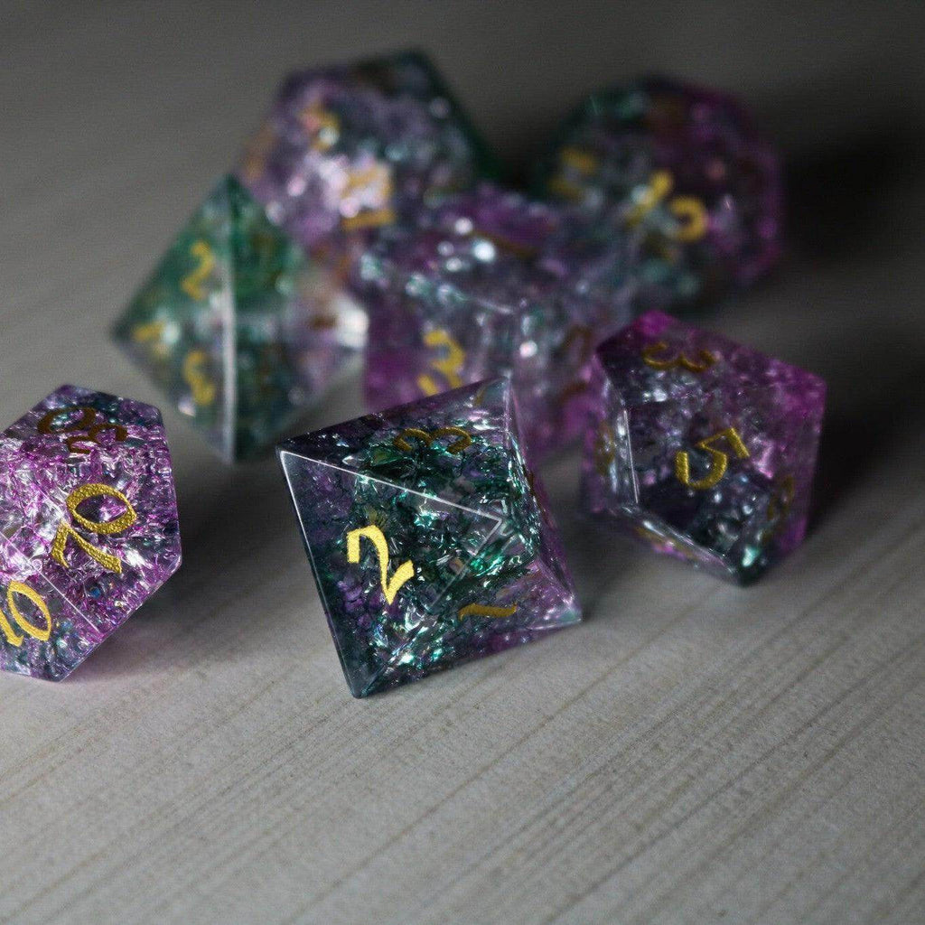 Moon Gate Purple Forge Fire Glass DND Dice Set - Full Set And Free Dice Box