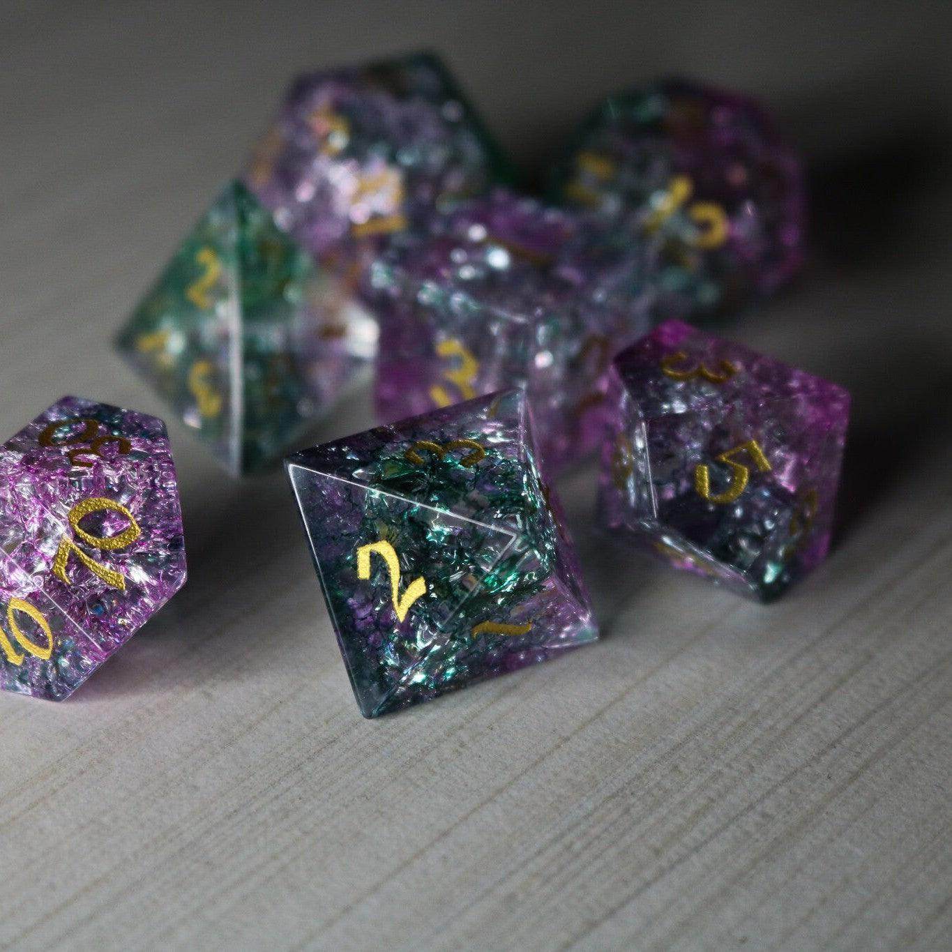 Moon Gate Purple Forge Fire Glass DND Dice Set - Full Set And Free Dice Box