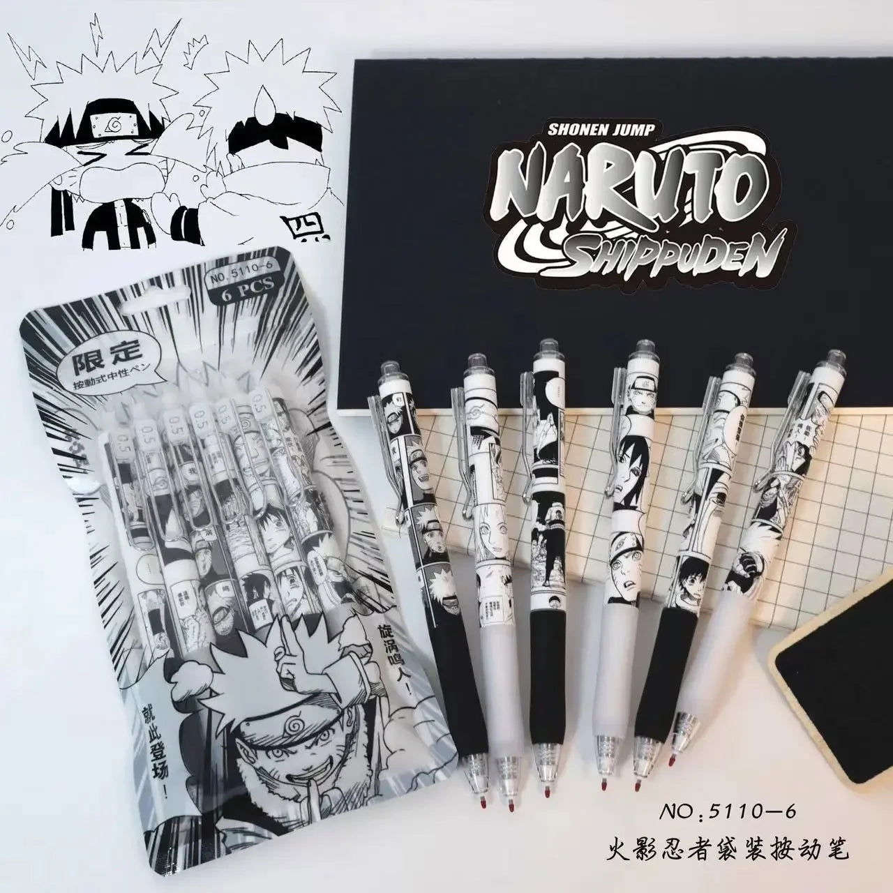 Naruto 6 PCS Set Gel Pen, Anime 0.5 Black Ink Signature Pen School Writing And Office Supplies Stationery Gift