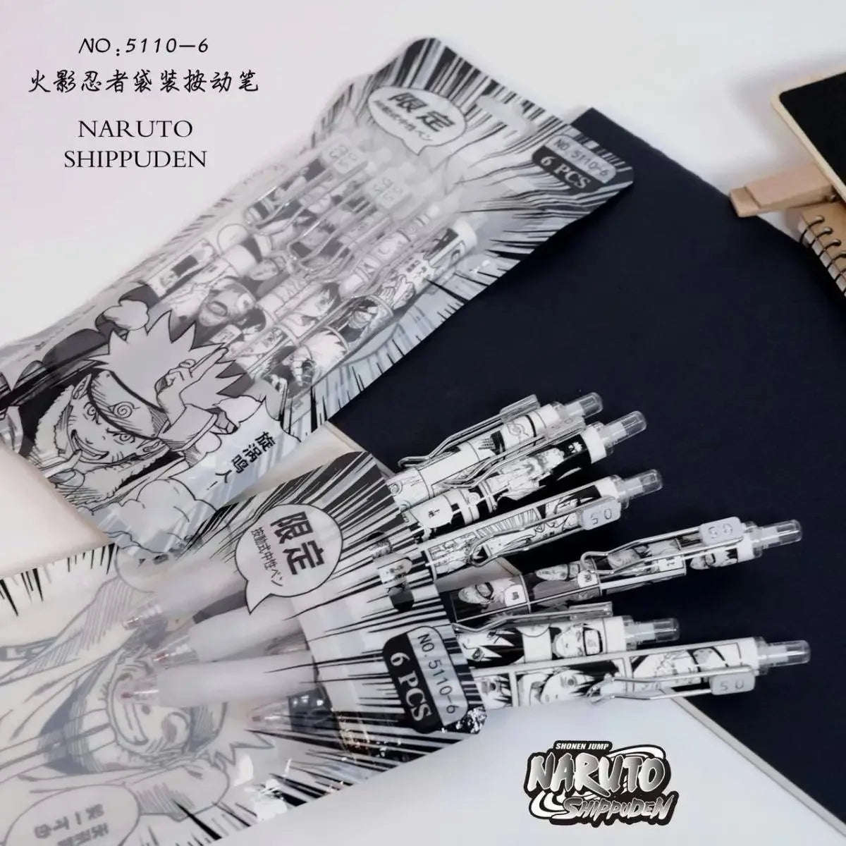 Naruto 6 PCS Set Gel Pen, Anime 0.5 Black Ink Signature Pen School Writing And Office Supplies Stationery Gift