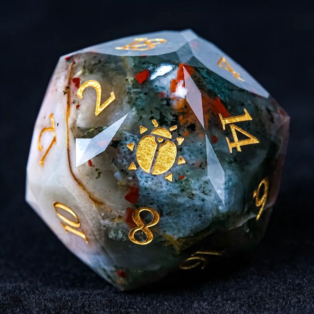 Kickstarter Dice - Natural Bloodstone DND Gemstone Dice Set - Khepri's Blessing