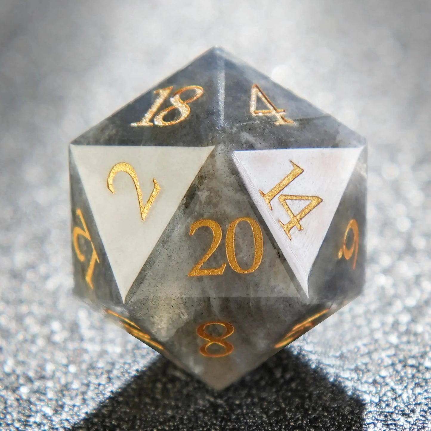 Natural Grey Marble D&D Gemstone Dice Set + Gold Numbers