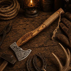 Viking Celtic Engraved Bearded Axe – Burnt Ash Wood & Rope Grip