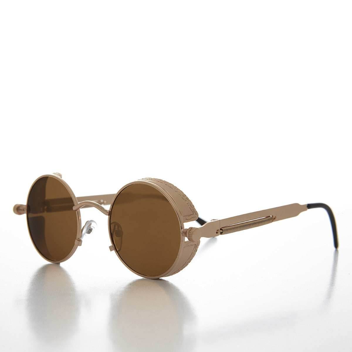 Gold Round Steampunk Goggle Sunglass with Spring Temples - Orwell 1 - Gold / Brown Lens