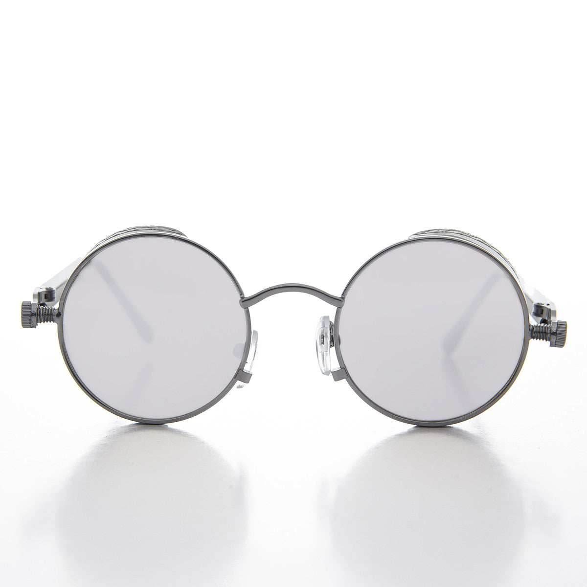 Round Steampunk Goggle Sunglass with Mirror Lenses - Orwell 3 - Black / Mirror Lens