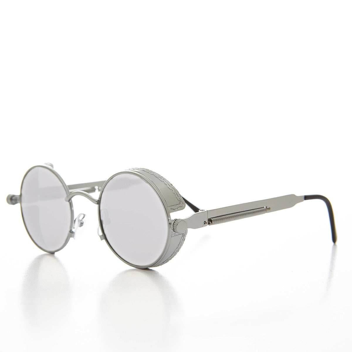 Round Steampunk Goggle Sunglass with Mirror Lenses - Orwell 3 - Silver / Mirror Lens