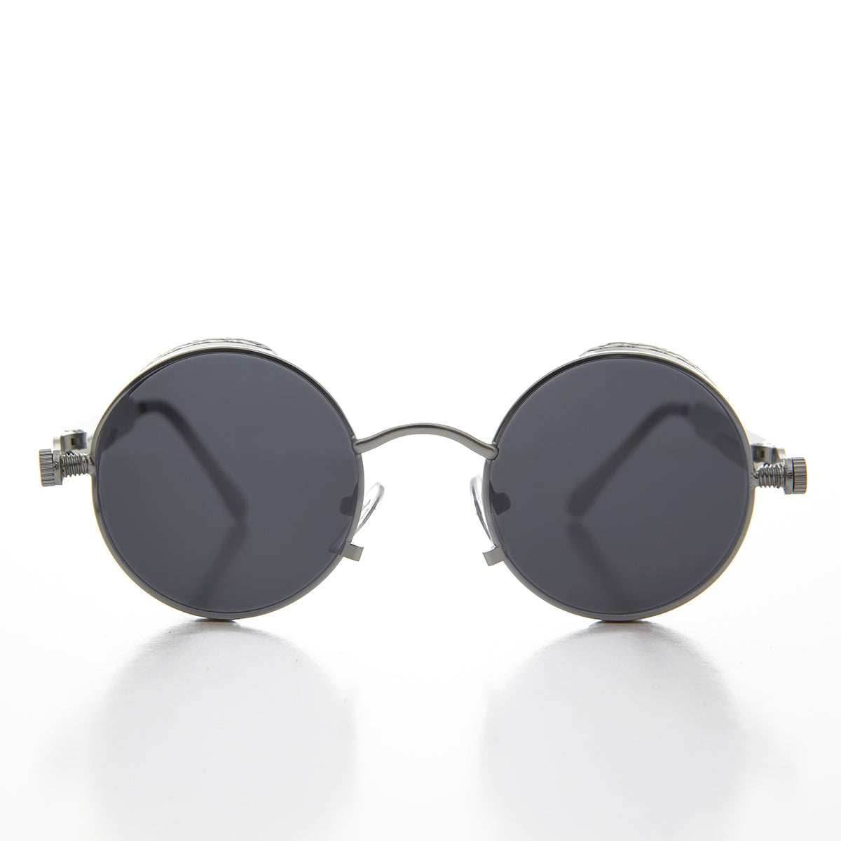 Round Metal Steampunk Goggle Sunglass - Orwell 4 - Silver / Gray Lens