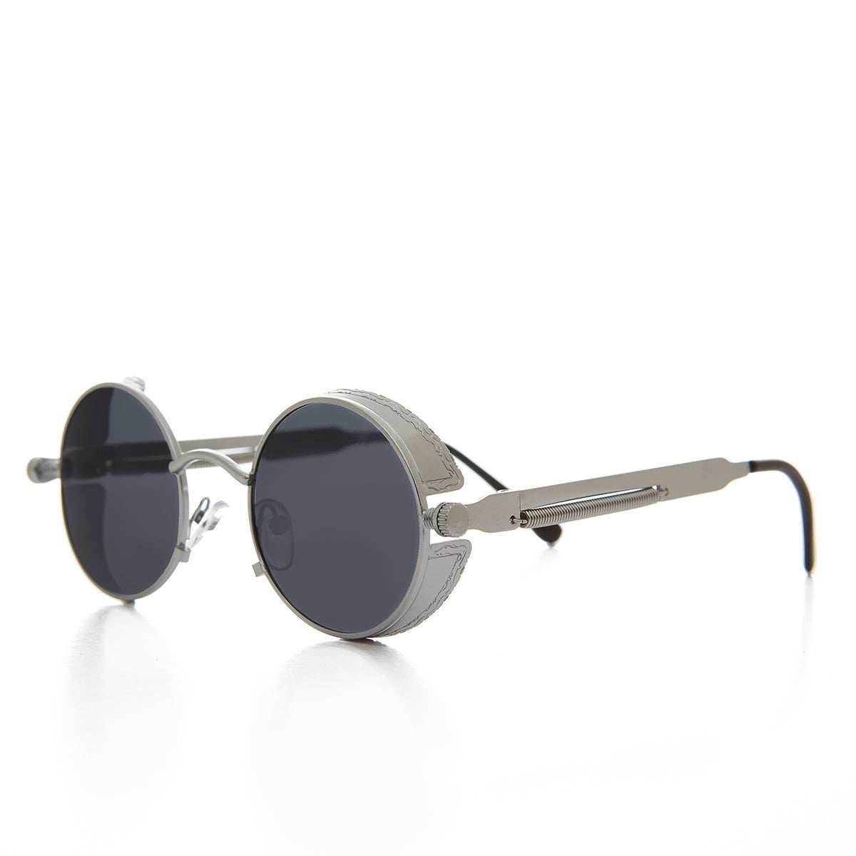Round Metal Steampunk Goggle Sunglass - Orwell 4 - Silver / Gray Lens