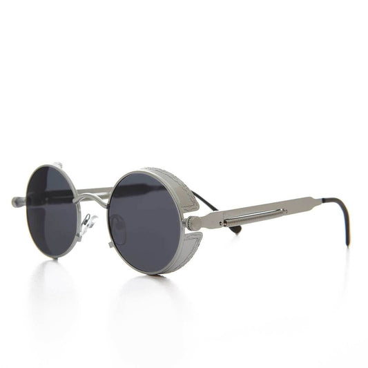 Round Metal Steampunk Goggle Sunglass - Orwell 4 - Silver / Gray Lens