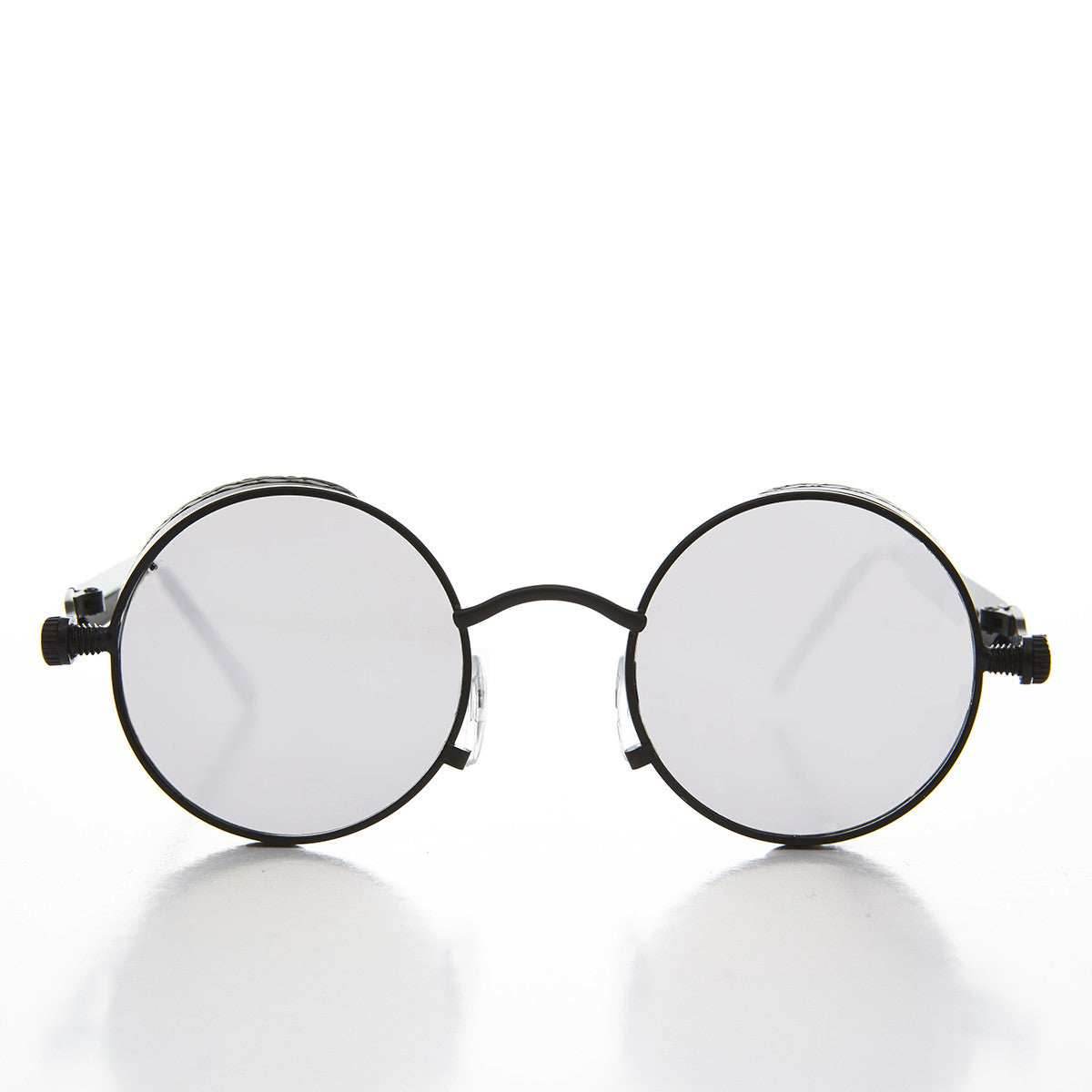 Round Steampunk Goggle Sunglass with Mirror Lenses - Orwell 3 - Black / Mirror Lens
