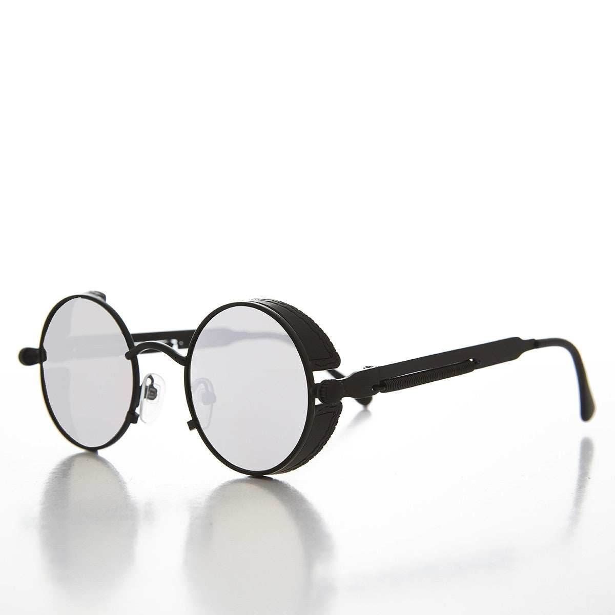 Round Steampunk Goggle Sunglass with Mirror Lenses - Orwell 3 - Black / Mirror Lens