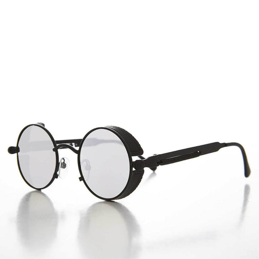 Round Steampunk Goggle Sunglass with Mirror Lenses - Orwell 3 - Black / Mirror Lens
