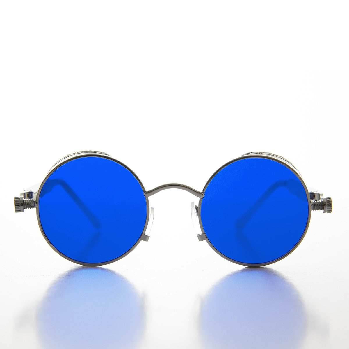Round Steampunk Goggle Sunglass with Tinted Lenses - Orwell 2 - Gunmetal / Blue Lens