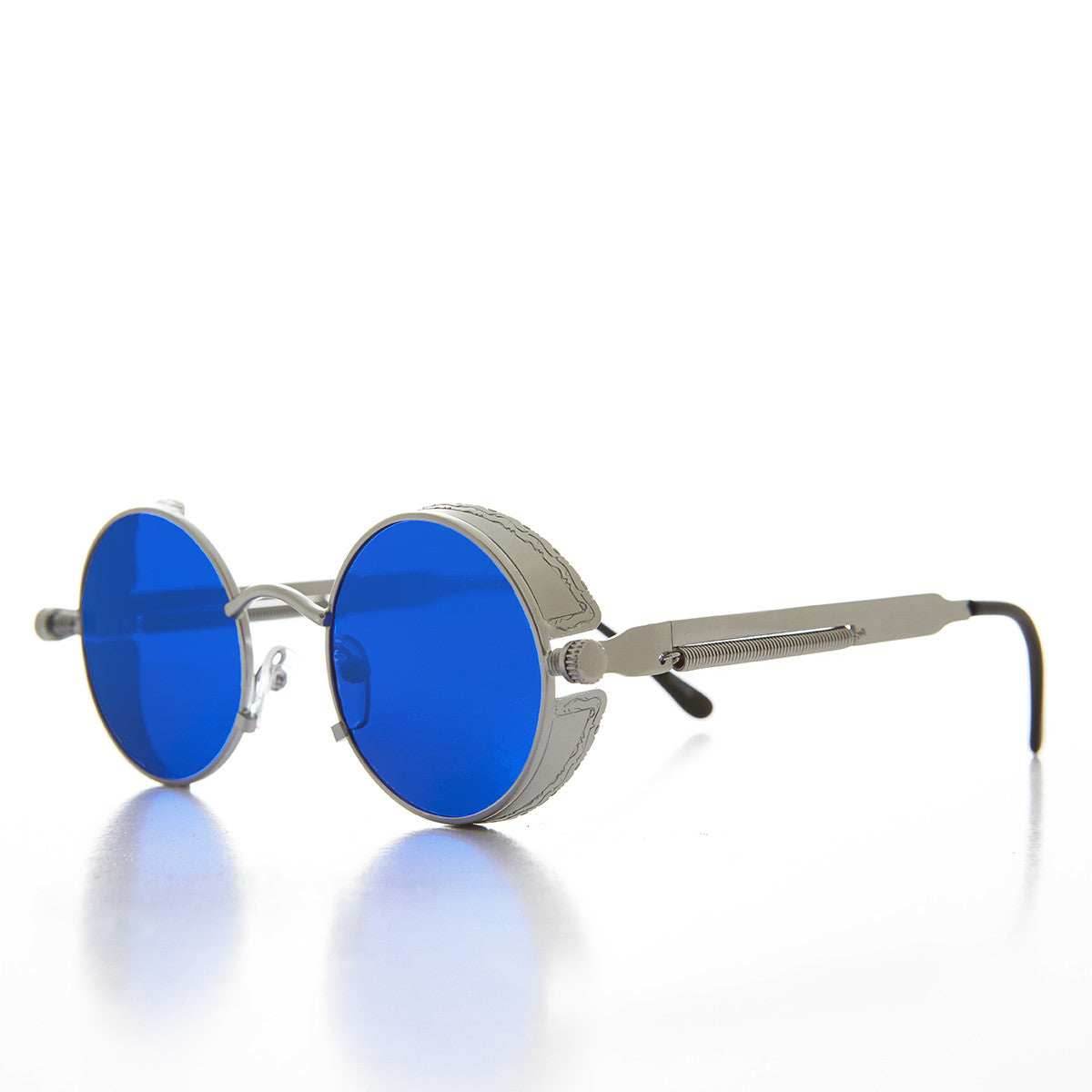 Round Steampunk Goggle Sunglass with Tinted Lenses - Orwell 2 - Silver / Blue Lens