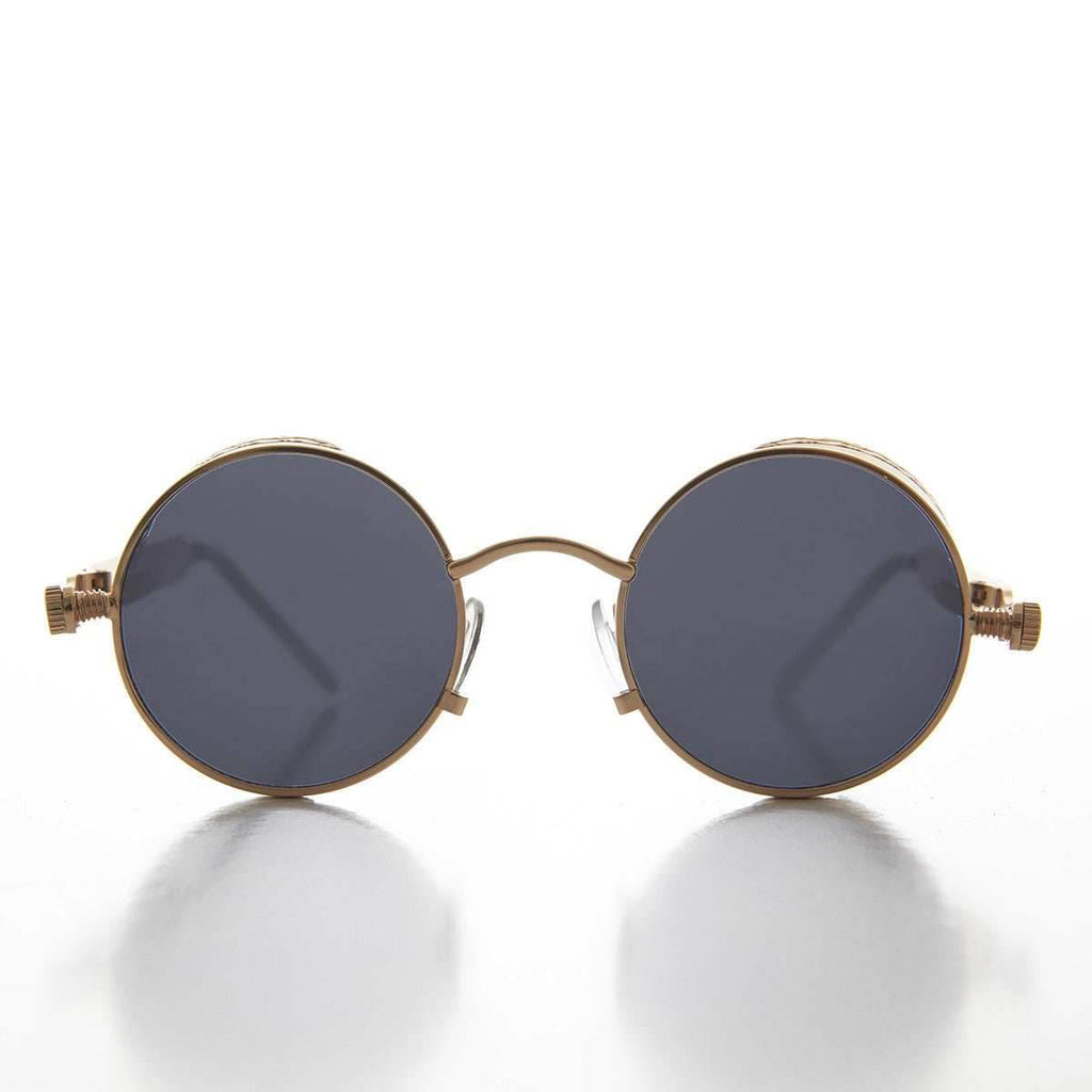 Gold Round Steampunk Goggle Sunglass with Spring Temples - Orwell 1 - Gold / Brown Lens