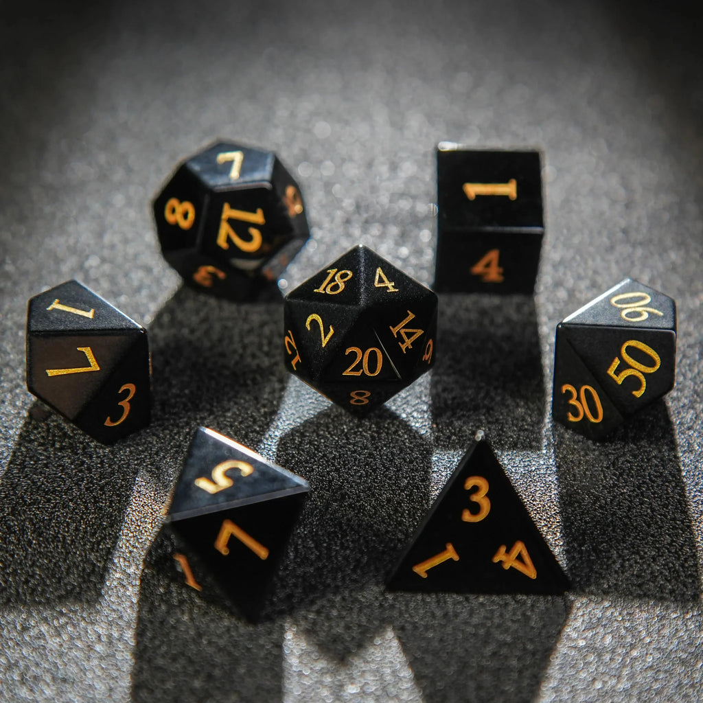 Obsidian D&D Gemstone Dice Set + Gold Numbers