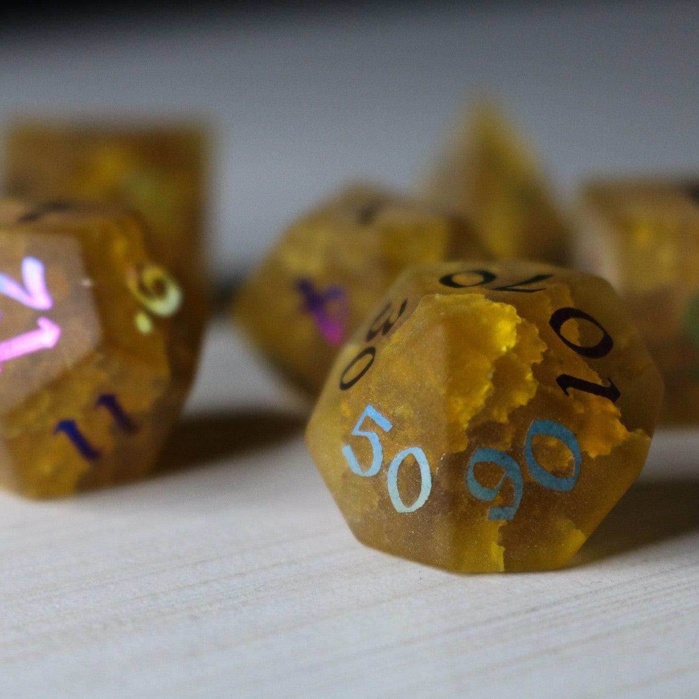 Orange Halloween Pumpkin Inked Lightning Cracked Glass DND Dice Set - Full Set And Free Dice Box