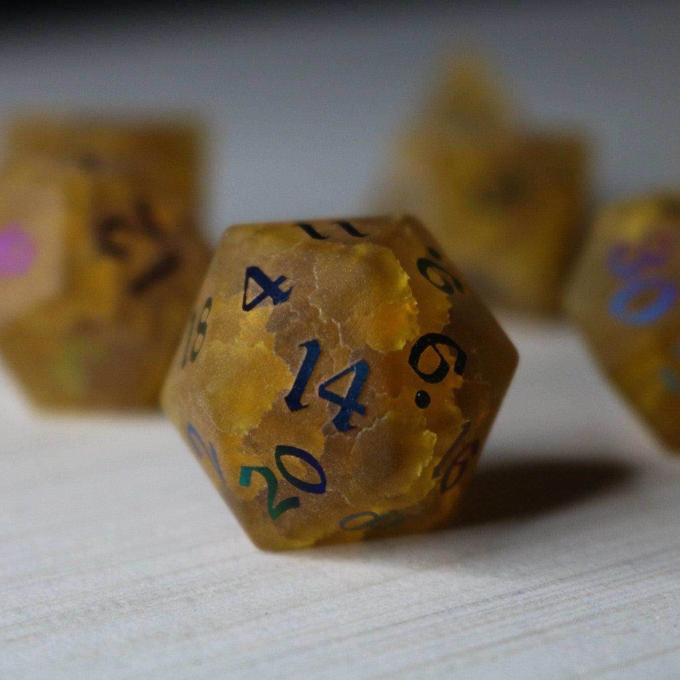 Orange Halloween Pumpkin Inked Lightning Cracked Glass DND Dice Set - Full Set And Free Dice Box
