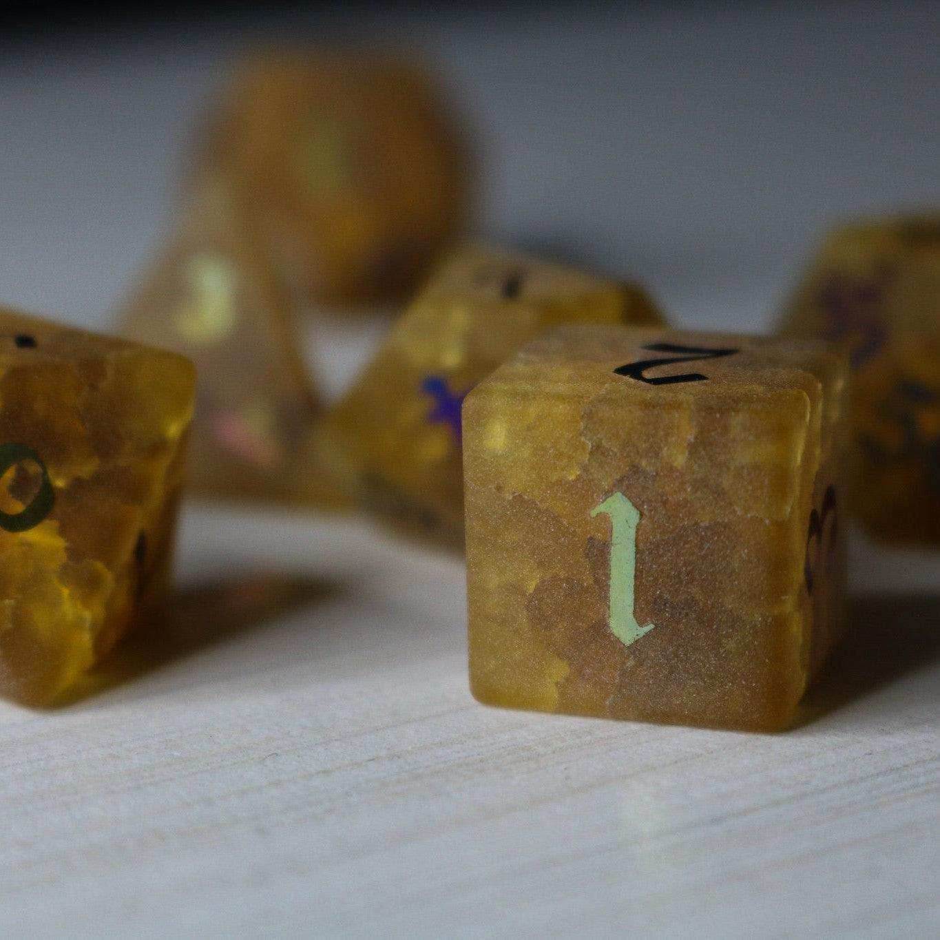 Orange Halloween Pumpkin Inked Lightning Cracked Glass DND Dice Set - Full Set And Free Dice Box