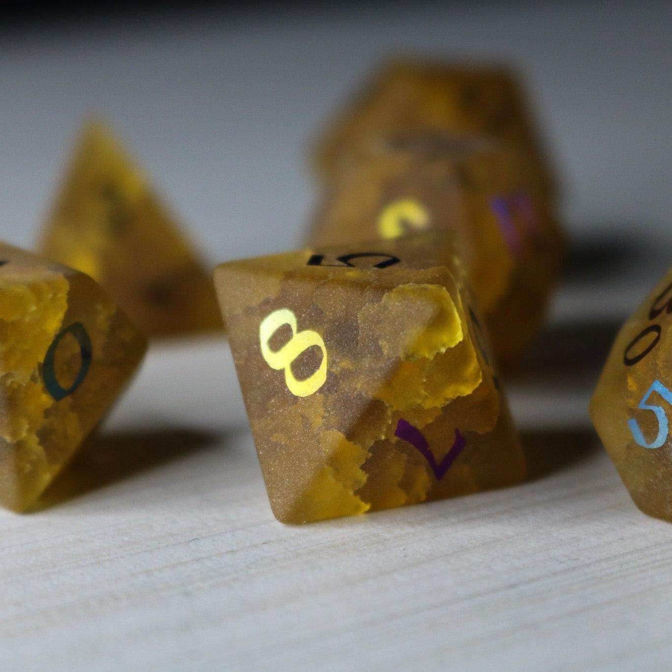 Orange Halloween Pumpkin Inked Lightning Cracked Glass DND Dice Set - Full Set And Free Dice Box