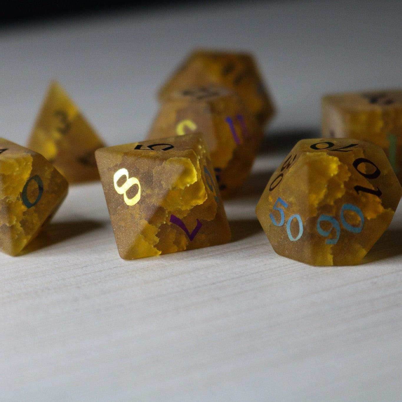Orange Halloween Pumpkin Inked Lightning Cracked Glass DND Dice Set - Full Set And Free Dice Box